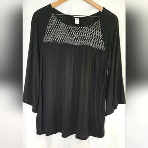 Black Silver  Womens Smocked Top Size M Metallic Glam Bell Sleeves Flowy Holiday